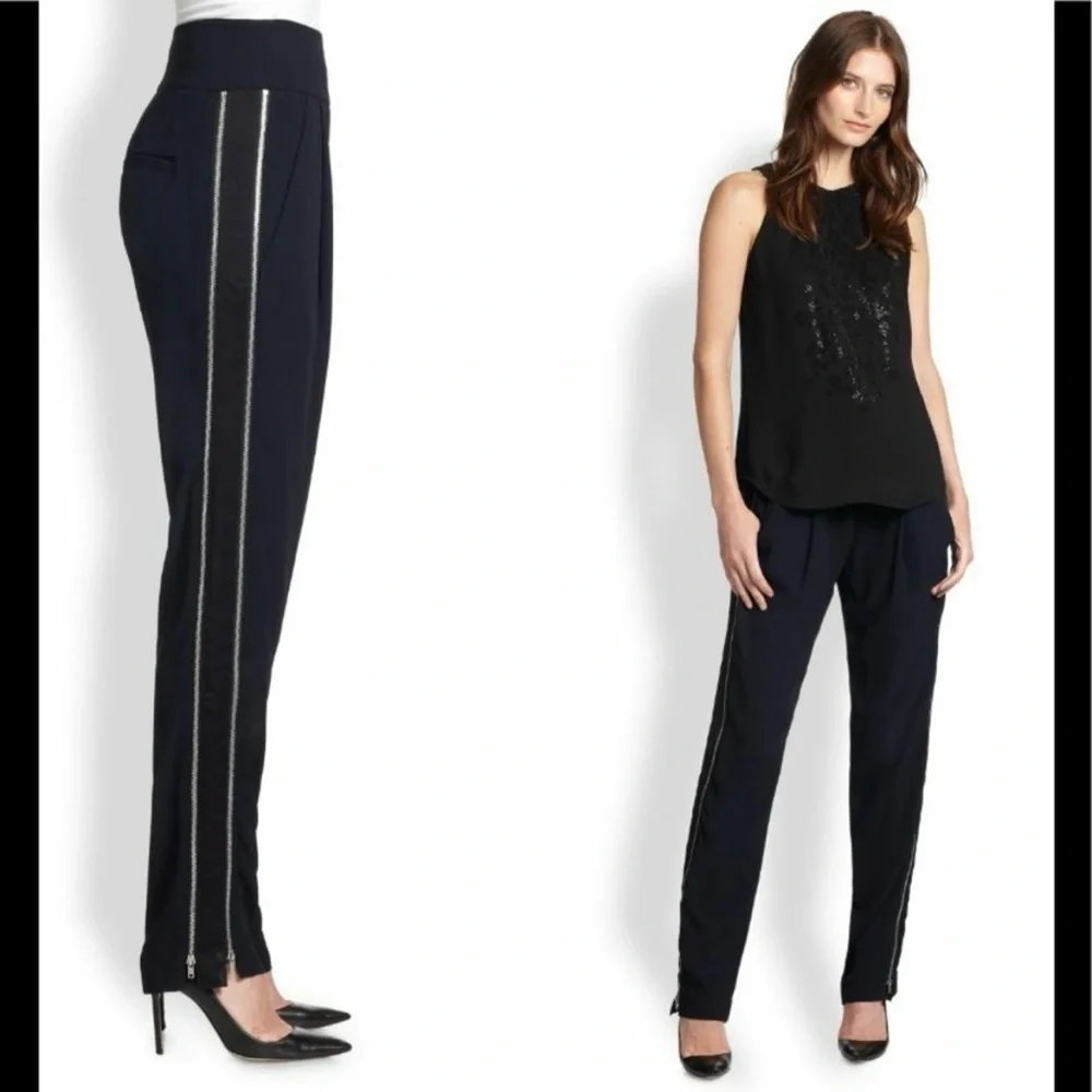 A.L.C. Side Zip Trousers Blue/Blk Trim SZ 2 High Rise Pockets Casual Evening - Picture 2 of 16